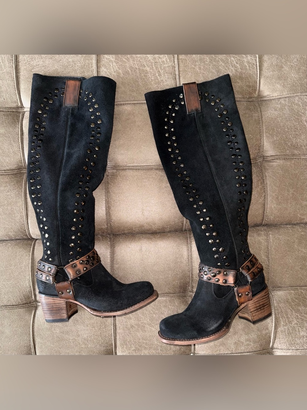 Freebird Daisy Black Suede Over-the-Knee Studded Boots with Brown Harness